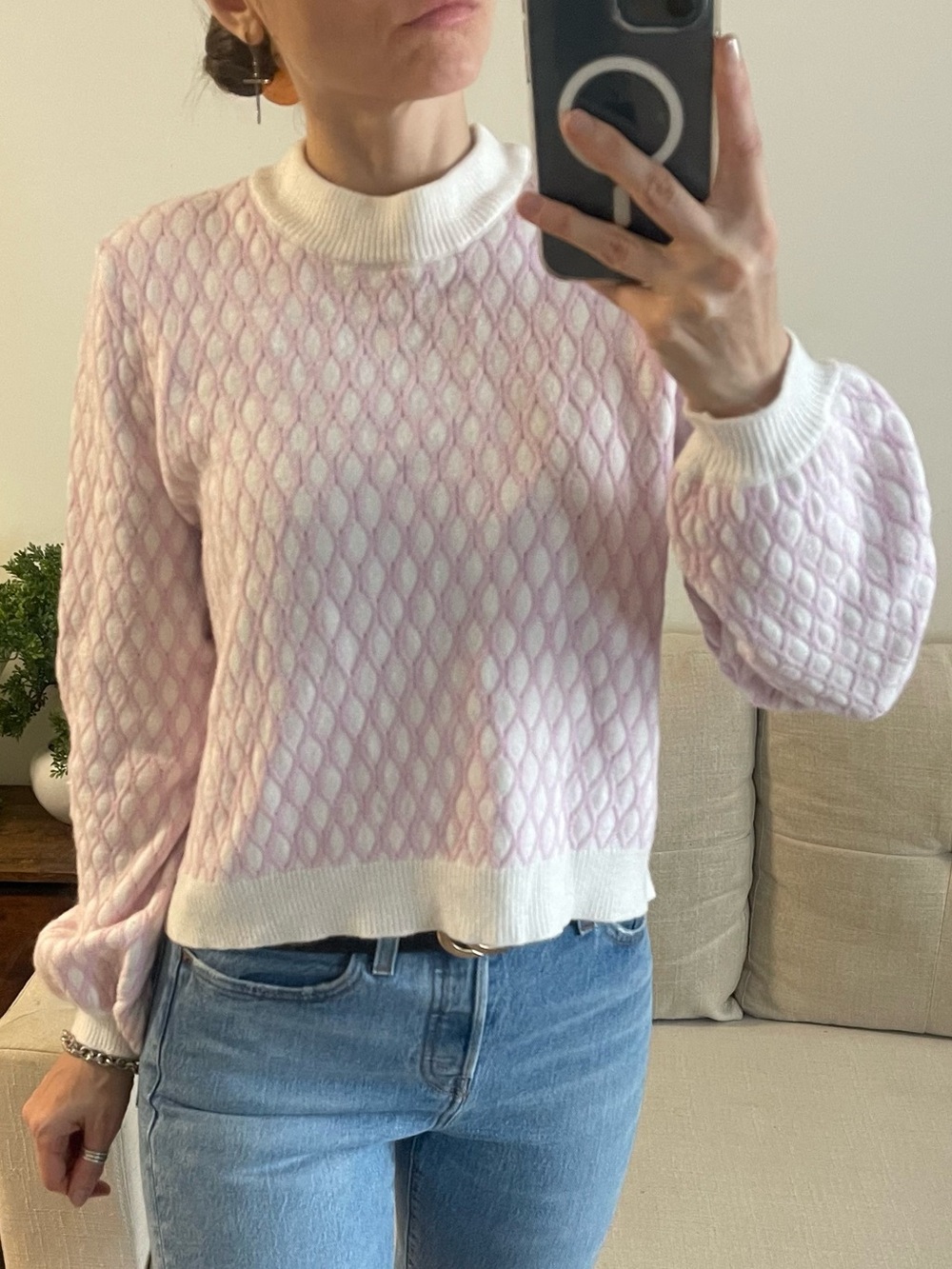 Pepin Pink White Diamond Textured Knit Pullover Sweater M